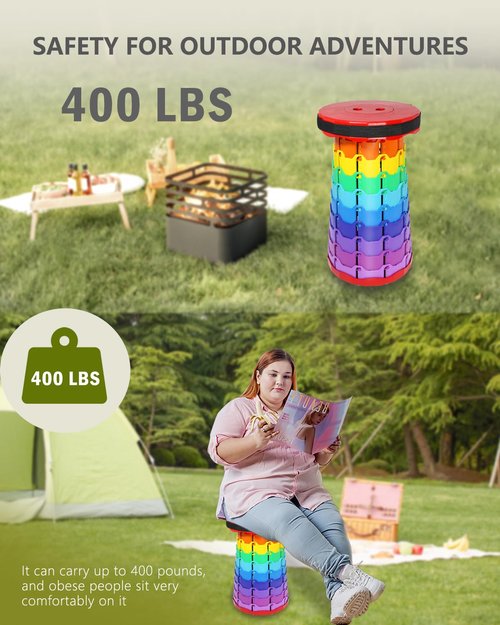 RizzQi Upgraded Collapsible hickened Portable Camping Stool with Adjustable Height and Retractable for Fishing, Hiking, BBQ, Concert Party, Outdoor (Rainbow Red)