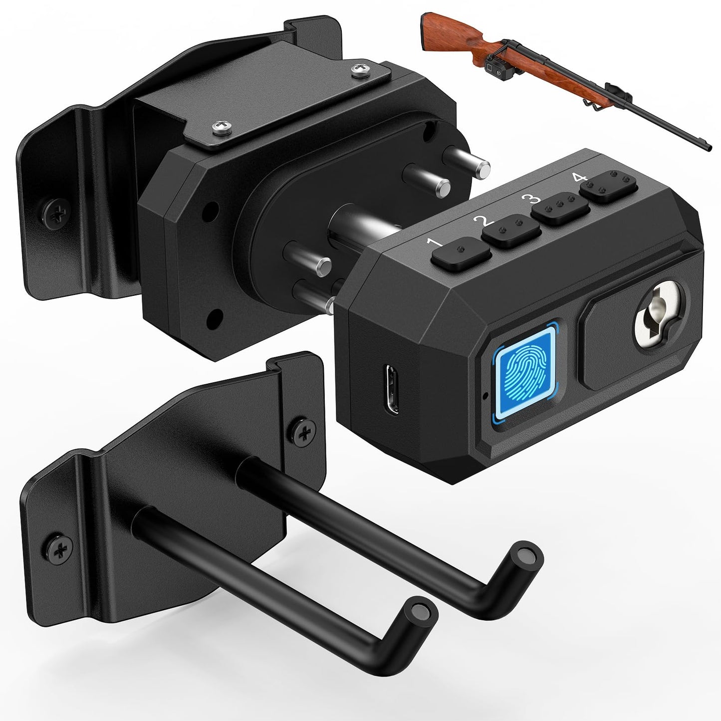 AINIRO Biometric Gun Trigger Lock - Quick Release Shotgun Lock with Gun Wall Mount Store Rifle Shotgun, Horizontal Metal Gun Rack for Wall with Soft Rubber Ring for Secure Display & Childproof Safety