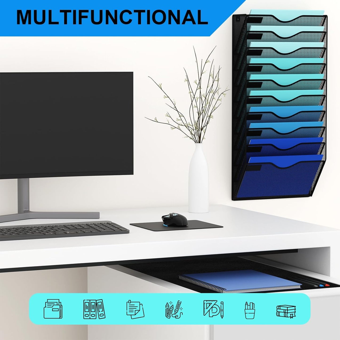 5 Pockets Mesh Hanging Wall File Holder Organizer Wall Mounted Paper Magazine Rack, Black