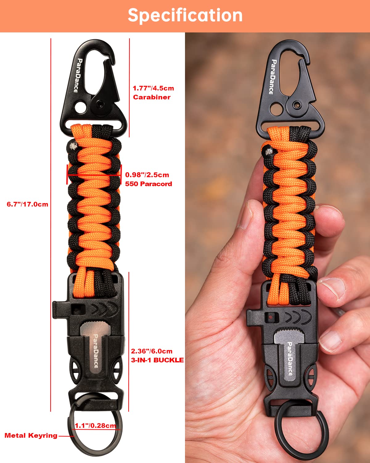ParaDance Survival Keychain (5-in-1) with Flint/Striker/Paracord/Whistle/Key Ring, Military Braided Paracord Key Chain w/Carabiner Fire Starter, Ideal for Hiking/Camping (2*Black)