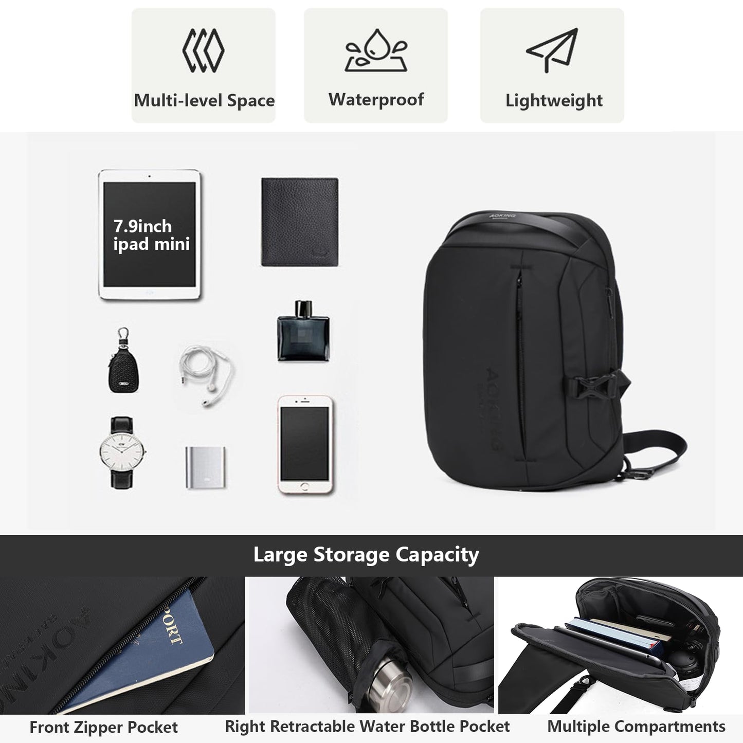 AOKING Lightweight Sling Bag for Men,Waterproof Crossbody Shoulder Backpack with USB Charging Port,Casual Cross Body Bag (Black 1)