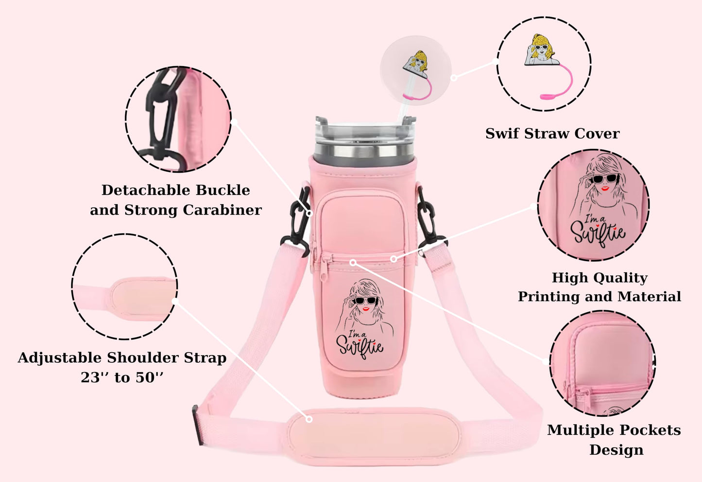 Fans Water Bottle Carrier Bag with Phone Pocket Compatible With Stanley 40 oz with Adjustable Strap & Straw Cover for Gift and Watter Bottle Accessories