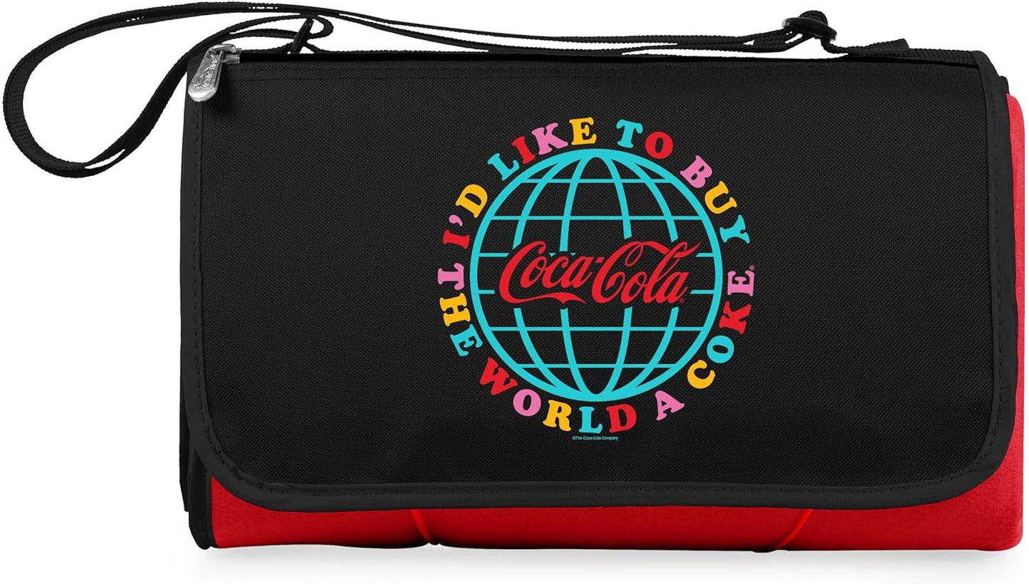 PICNIC TIME Coca-Cola Emoji Blanket Tote Outdoor Picnic Blanket, Beach Blanket, Camping Blanket, (Red & White Gingham Pattern with Gray Flap)