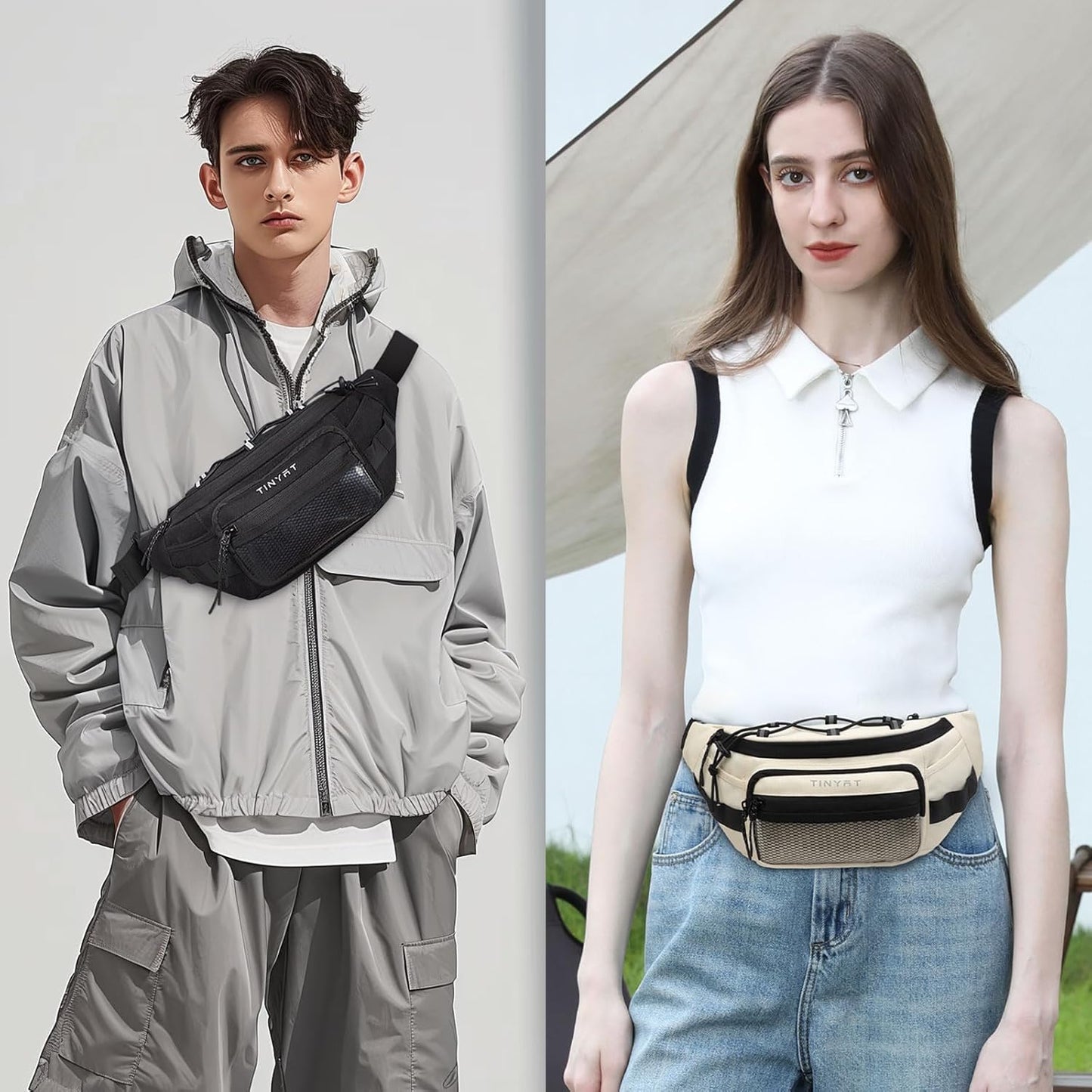 TINYAT Large Fanny Pack Travel Waist Bag Lightweight for Men&Women with Adjustable Strap T206 Blue