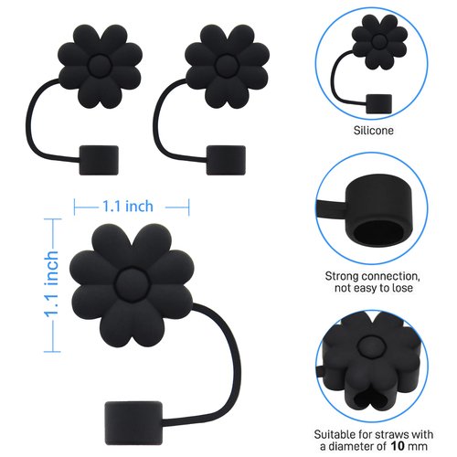 Meitesti Flower Straw Cover Cap for Stanley Cup Silicone Straw Topper Compatible with 30&40 Oz Tumbler, 4pcs Black Flower