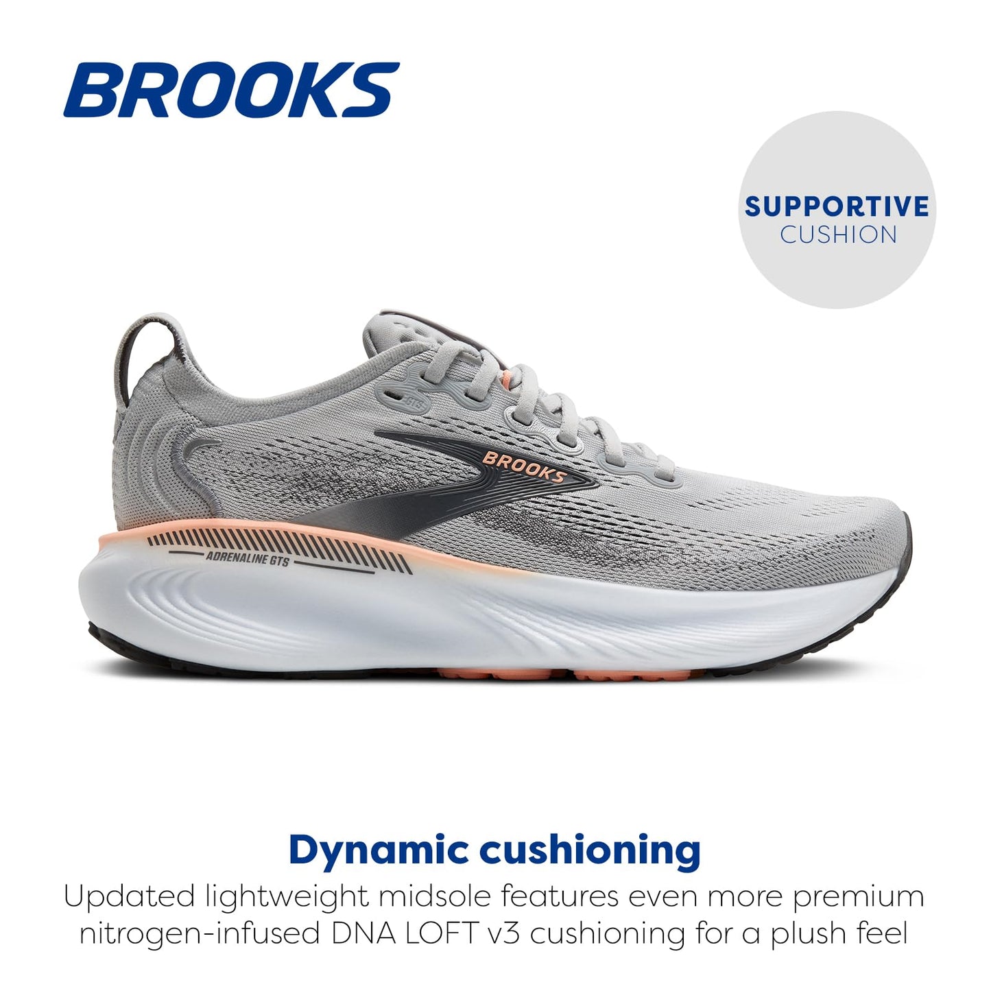 Brooks Women’s Adrenaline GTS 25 Supportive Running & Walking Shoe - Grey/Blackened Pearl/Coral - 10 Medium