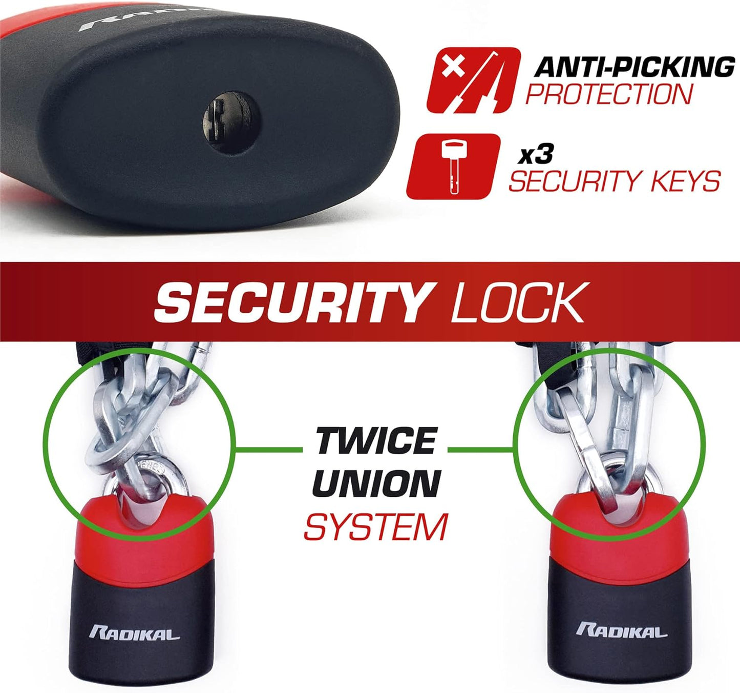 RADIKAL RK4120 Motorcycle Chain Lock Cemented Steel, ø0.39in, 3.93ft Long, 2X Link System, Anti-Scratch, High Security Padlock for Garage Security Anchor, Scooter, Electric Bicycle, Containers, Gates