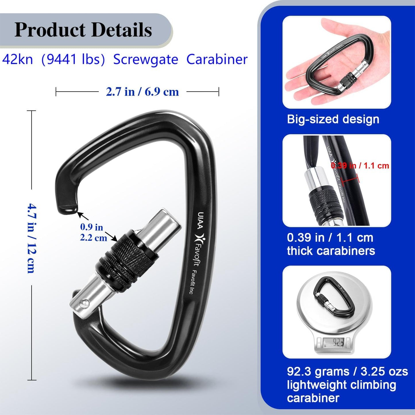 Favofit Locking Climbing Carabiner Heavy Duty UIAA Certified 42kn (9441 lbs) and 25kn (5620 lbs) Safety Caribeaner Clips - Large Rock Mountain Caribiniers for Rescue Firefighter