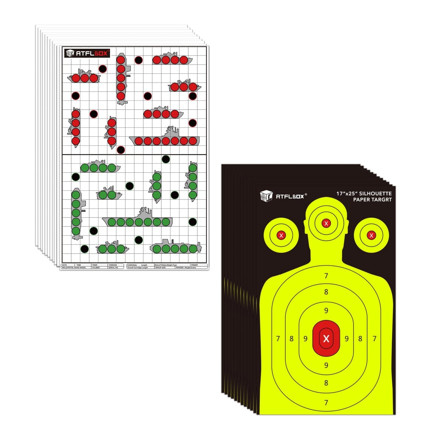 Atflbox 25 Pack 17X25 inch Silhouette Paper Target and 25 Pack 17X25 inch Battle Shooting Range Paper Target
