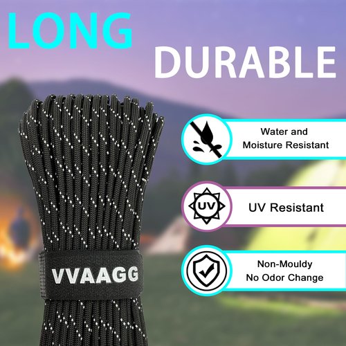 VVAAGG Reflective Paracord Rope 100FT, 7 Strand Nylon para Cord Lanyard Utility 550 Parachute Cord, 4mm Thin Tent Rope for Outdoor Camping Hiking