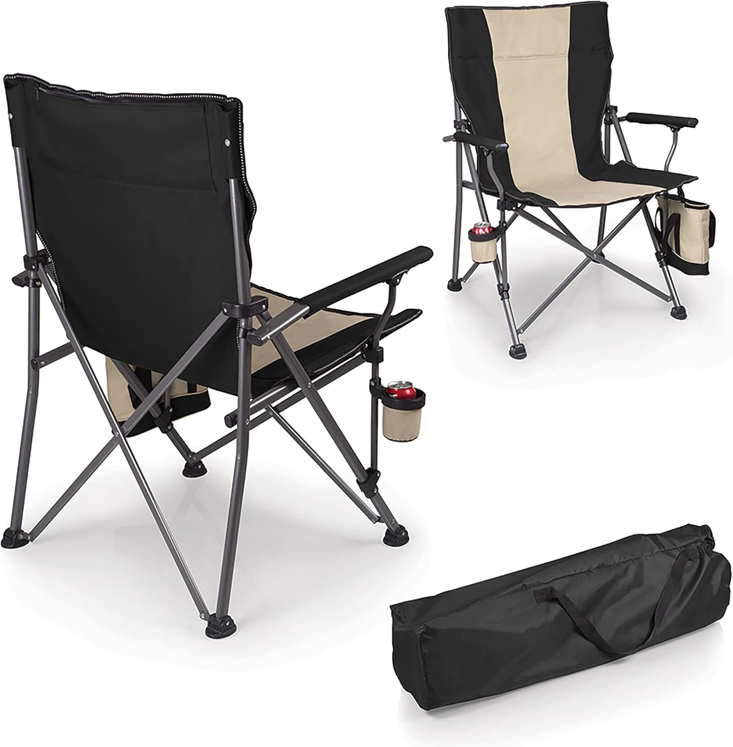 PICNIC TIME Outlander XL Heavy Duty Folding Camping Chair with Insulated Cooler, Oversized Portable Lawn, Beach & Camp Chair with Cup Holder, Storage Pocket, Carry Bag, 400 lb Capacity (Black)