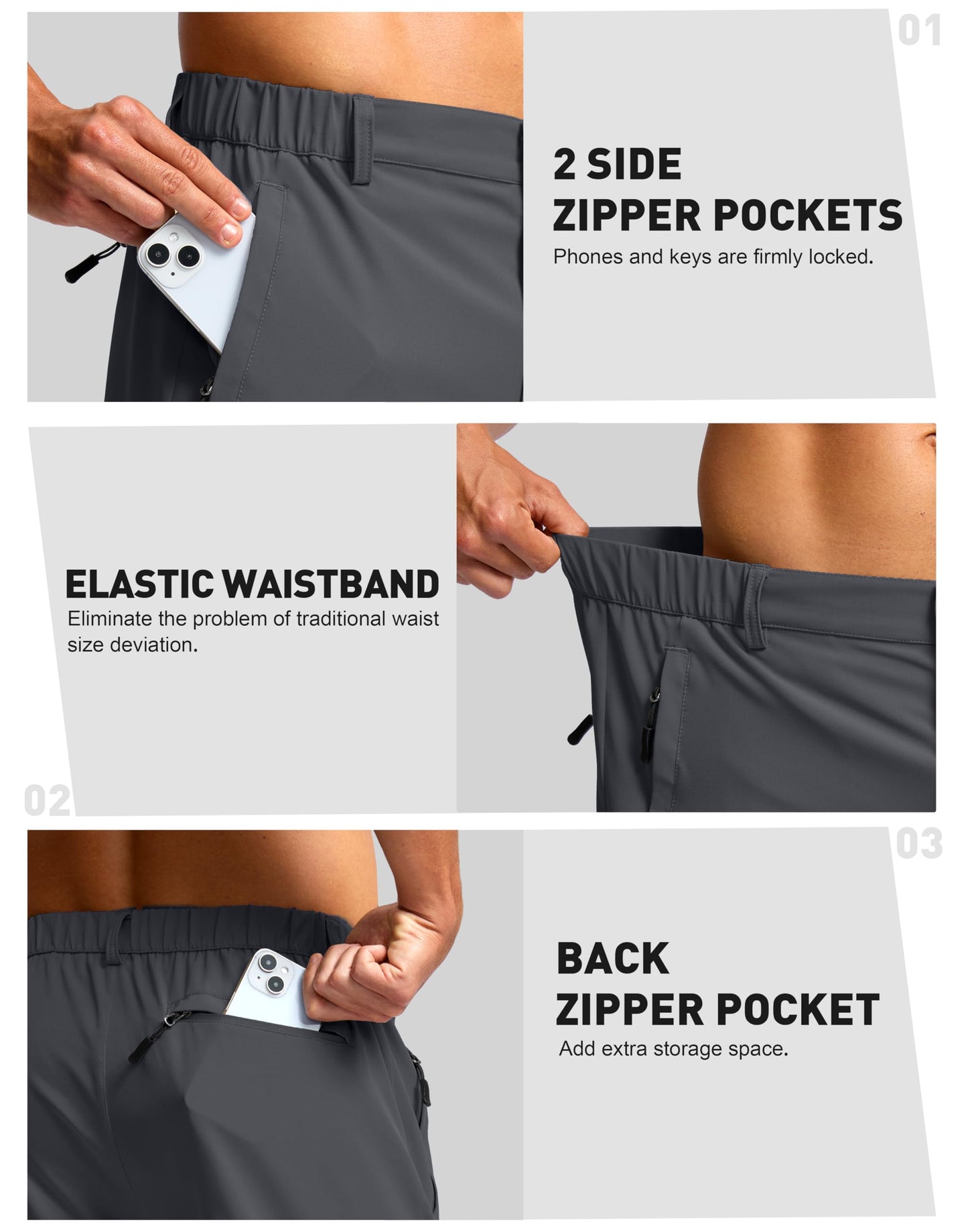 G Gradual Men's Shorts 7" Lightewight Casual Shorts for Men Quick Dry Stretch Hiking Golf Shorts with 3 Zipper Pockets Summer(Charcoal,XL)