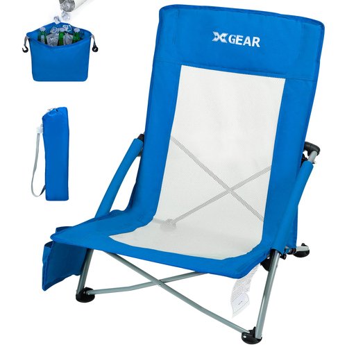 XGEAR High Back Folding Beach Chair with Detachable Cooler Bag High Back Mesh Back Sand Chair for Beach, Lawn, Camping, Travel, Support Up to 350 lbs