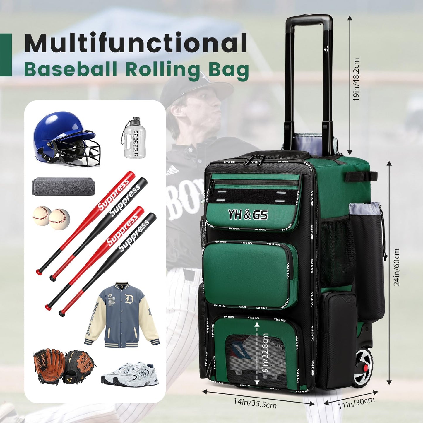 Rolling Baseball Bag,Wheeled Softball Bag with Fence Hook for TBall Bat & Equipment,Lightweight Baseball Bat Bag with Shoe Compartment Green