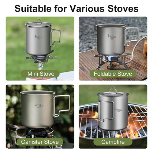 LSOSVSEU Titanium Pot with Lid, 750ML (25.4oz), Silver, Uncoated, Lightweight & Portable, Foldable Handles, Camping Cooking Pot, Includes Pot, Lid, Carry Bag