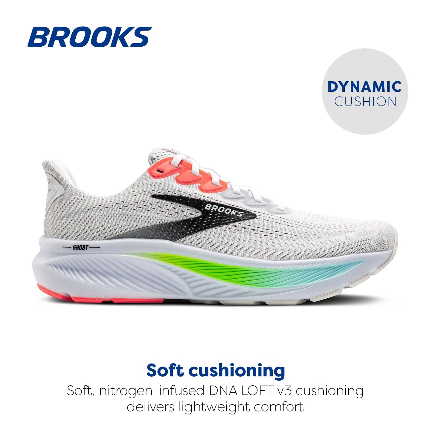 Brooks Men’s Ghost 17 Neutral Running Shoe - White/Pink Clay/Gecko - 15 Wide