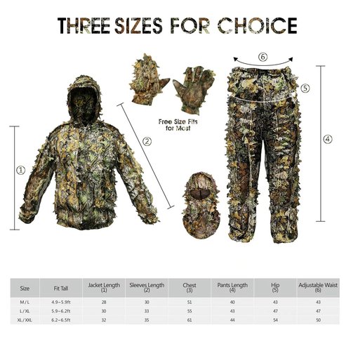 Ghillie Suit Camouflage Hunting Suits Outdoor 3D Leaf Lifelike Camo Clothing Lightweight Breathable Hooded Apparel Suit, Hunting Gloves, Leafy Face Mask and Bag for Jungle Shooting Halloween…
