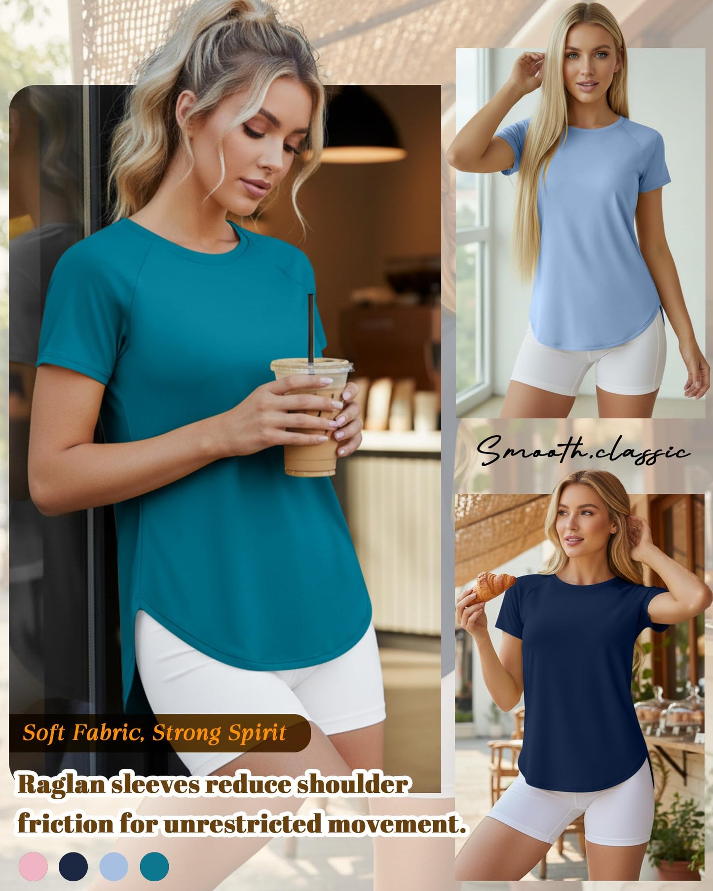 Oakgarden 4 Pack Women's Workout Tops Athletic Quick Dry Gym Shirts UV Protection Short Sleeve Side Split Tees for Running(Navy Blue, Cyan, Sky Blue, Pink,XX-Large)