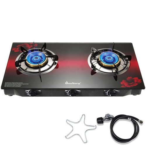 BesNerg Propane Stove 2 Burner Gas Stove, 28800 BTU High-Efficiency Auto Ignition Tempered Glass LPG Cooktop with CSA Regulator and Hose – for Outdoor Camping, RV, and Emergency Cooking