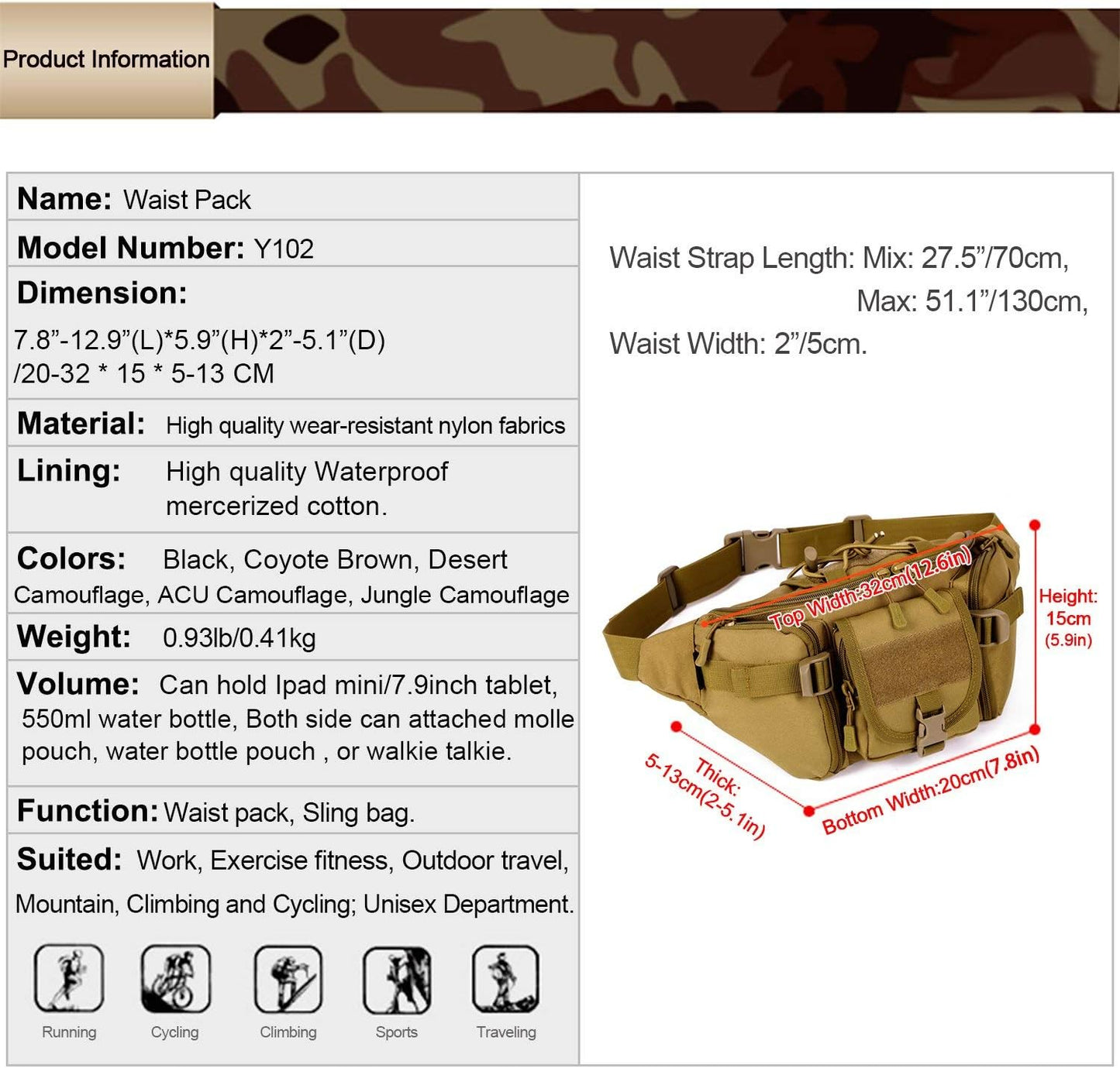 Huntvp Tactical Waist Pack Bag Military Fanny Packs WR Hip Belt Bag Pouch for Hiking Climbing Outdoor Bumbag