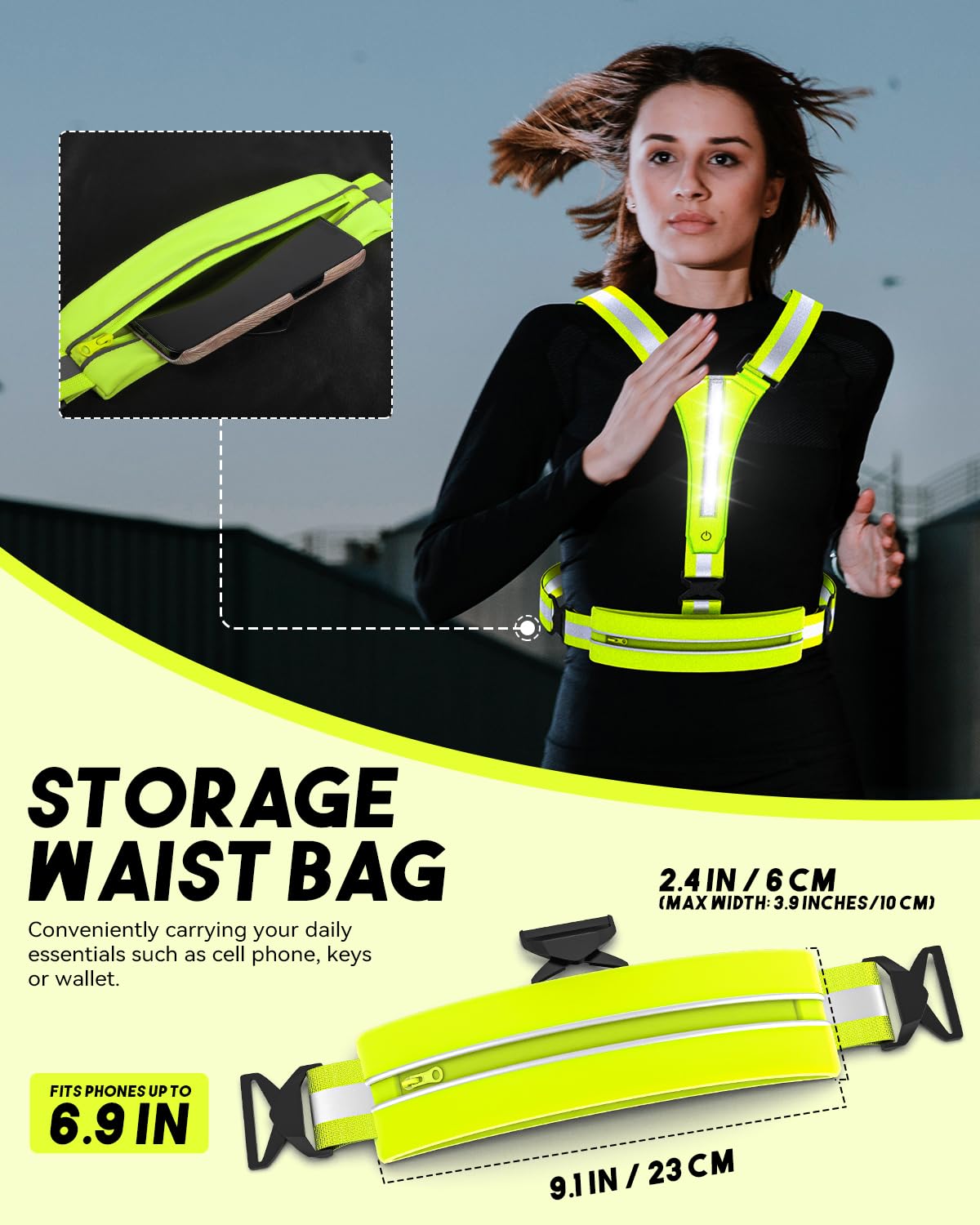 FUNWICT LED Reflective Vest Running Gear 7 Lights Colors Rechargeable High Visibility Safety Vest Reflectors for Walking at Night Reflective Running Vest for Men Women (Neongreen)