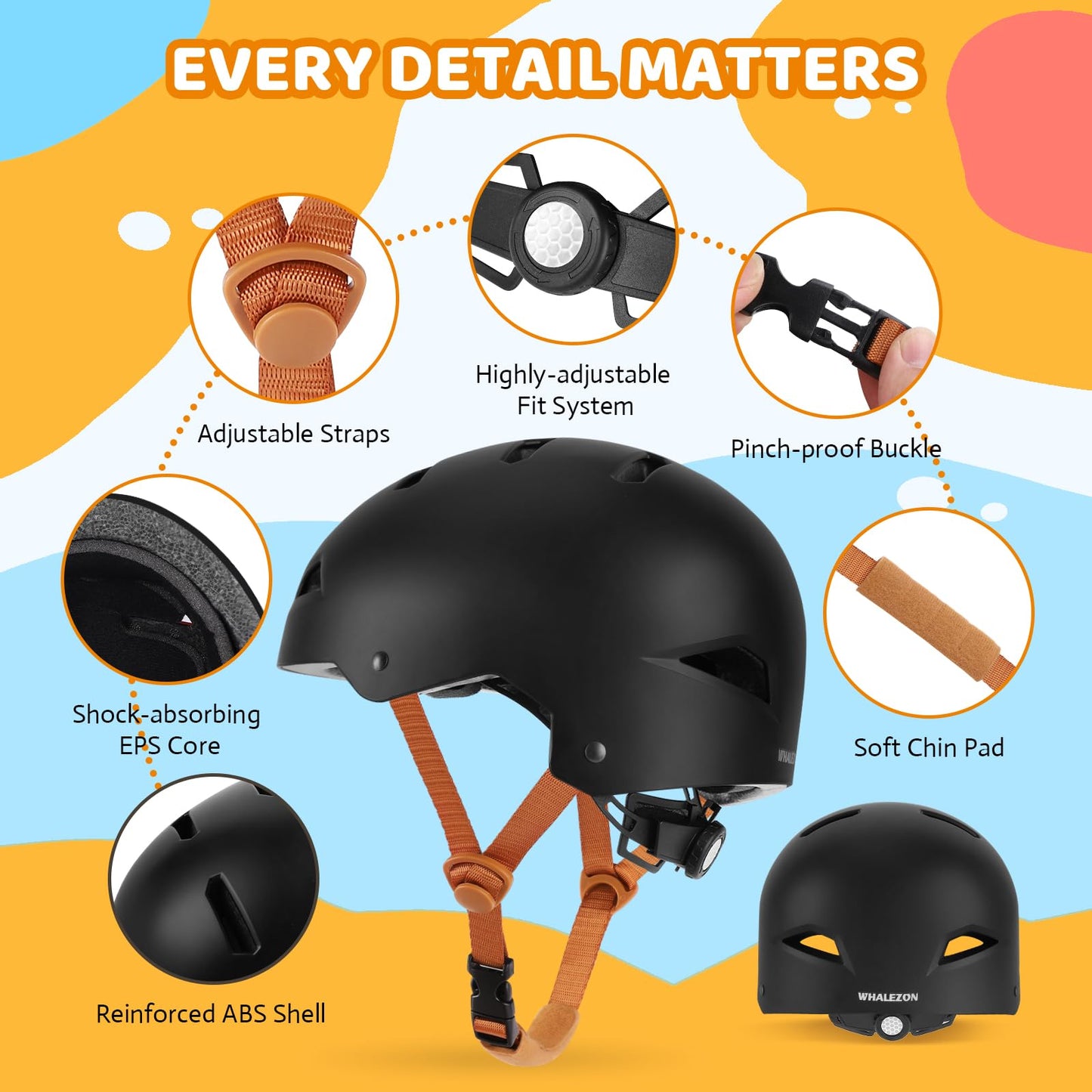 WHALEZON Kids Bike Helmet Ages 3-5-8-14, CPSC ASTM CPSIA Certified Toddler Helmet-Boys Black