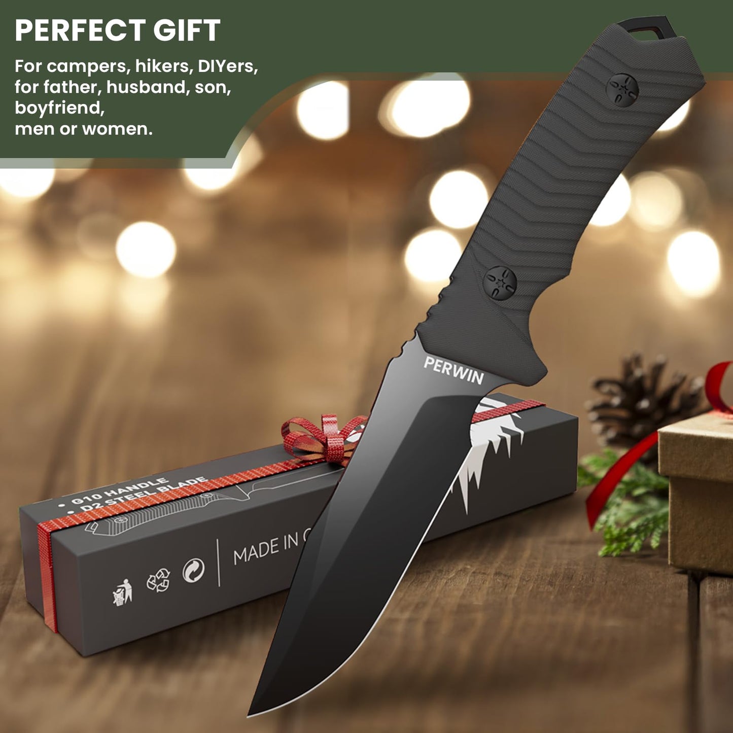 PERWIN Bushcraft Survival Knife - Outdoor Camping Hunting Fixed Blade With D2 Steel and G10 Handle for EDC, Sheath Included - Collection Gift for Him