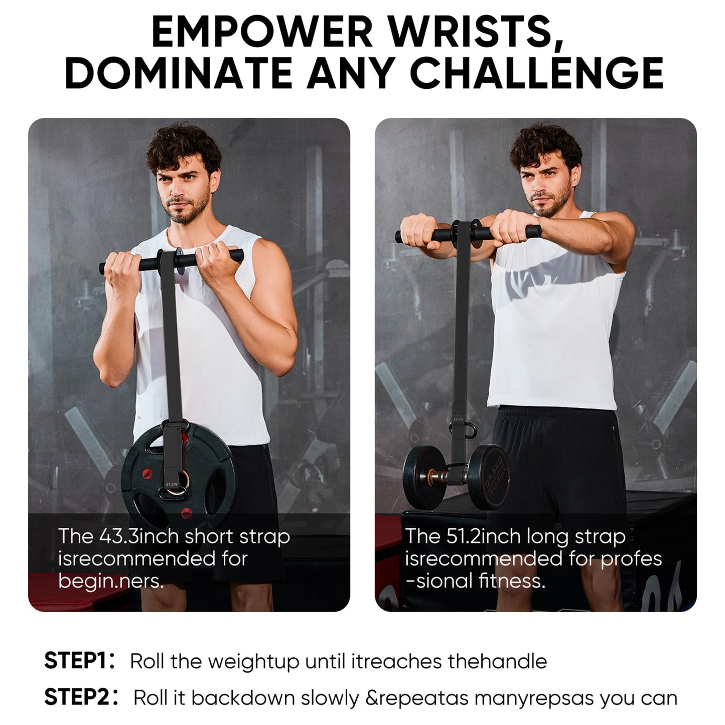 Forearm Strengthener and Wrist Roller, 43.3 inch Or 51.2 inch Ultra Strong Nylon Webbing, Forearm Exerciser with Quick Locking Mechanism, Ideal for Hand, Wrist and Forearm Strength Training (Black)