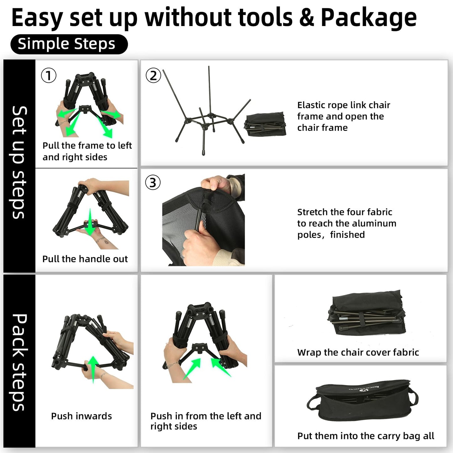 ROCK CLOUD Lightweight Portable Camping Chair Ultralight Folding Chairs Large-Size Outdoor for Camp Hiking Backpacking Lawn Beach Sports, Black-Large