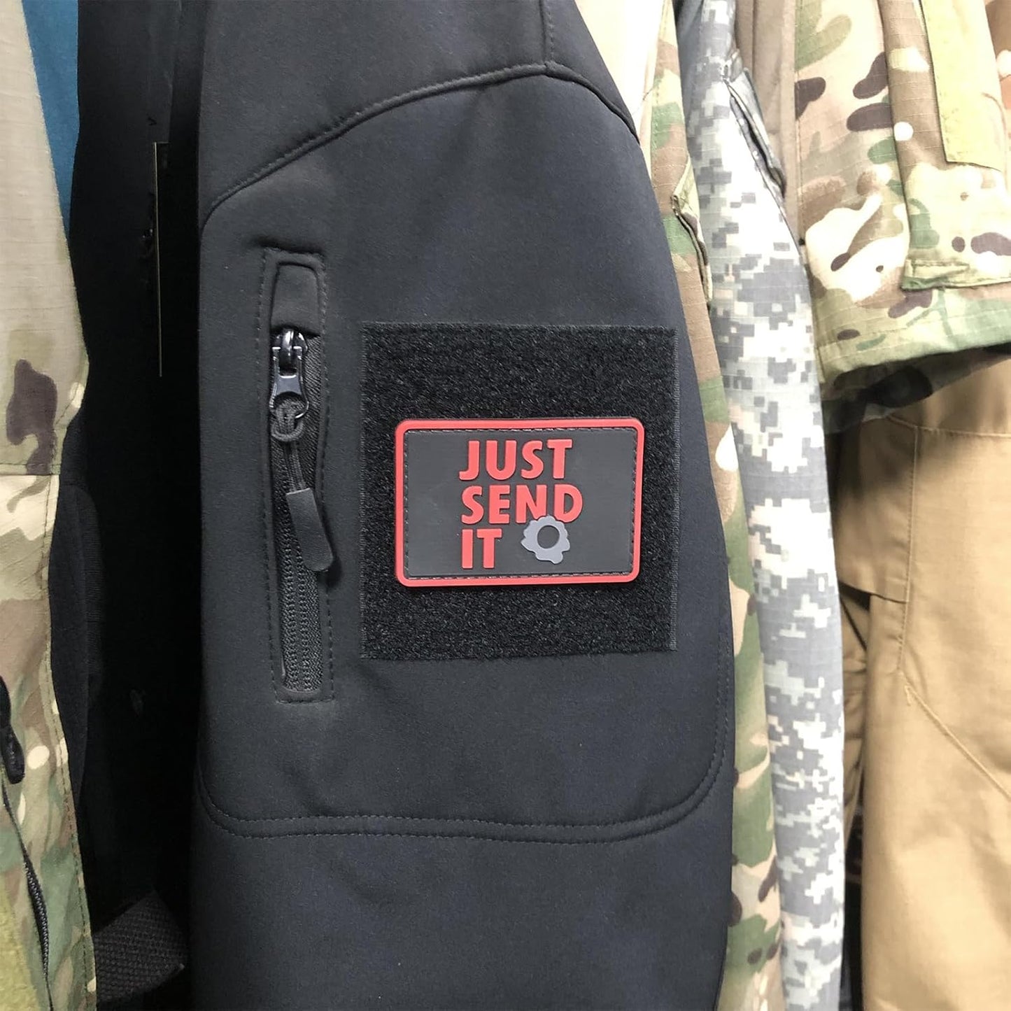 Just Send It Sniper Rubber Tactical Patch 2.95x2 inches with Hook Fastener Back for Hats Caps Clothing Vests Bags Backpacks (Tan)