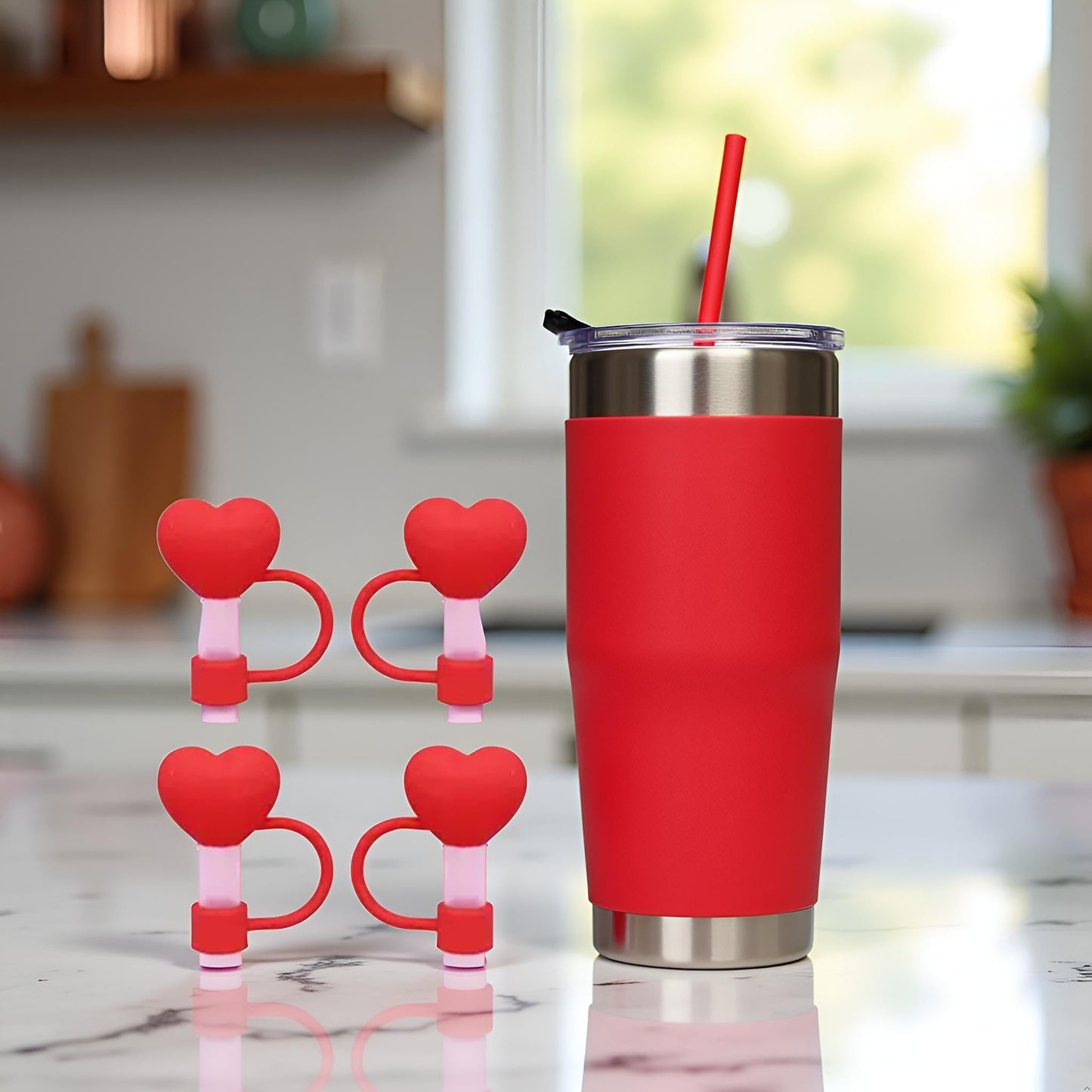 4PC Red Heart Straw Cover for Stanley 40&30 Oz Cup, 10mm Silicone Straw Covers Cap for Stanley Cup Accessories, Cute Topper for Tumblers, Cap Stopper for Reusable Straws Tip Lids