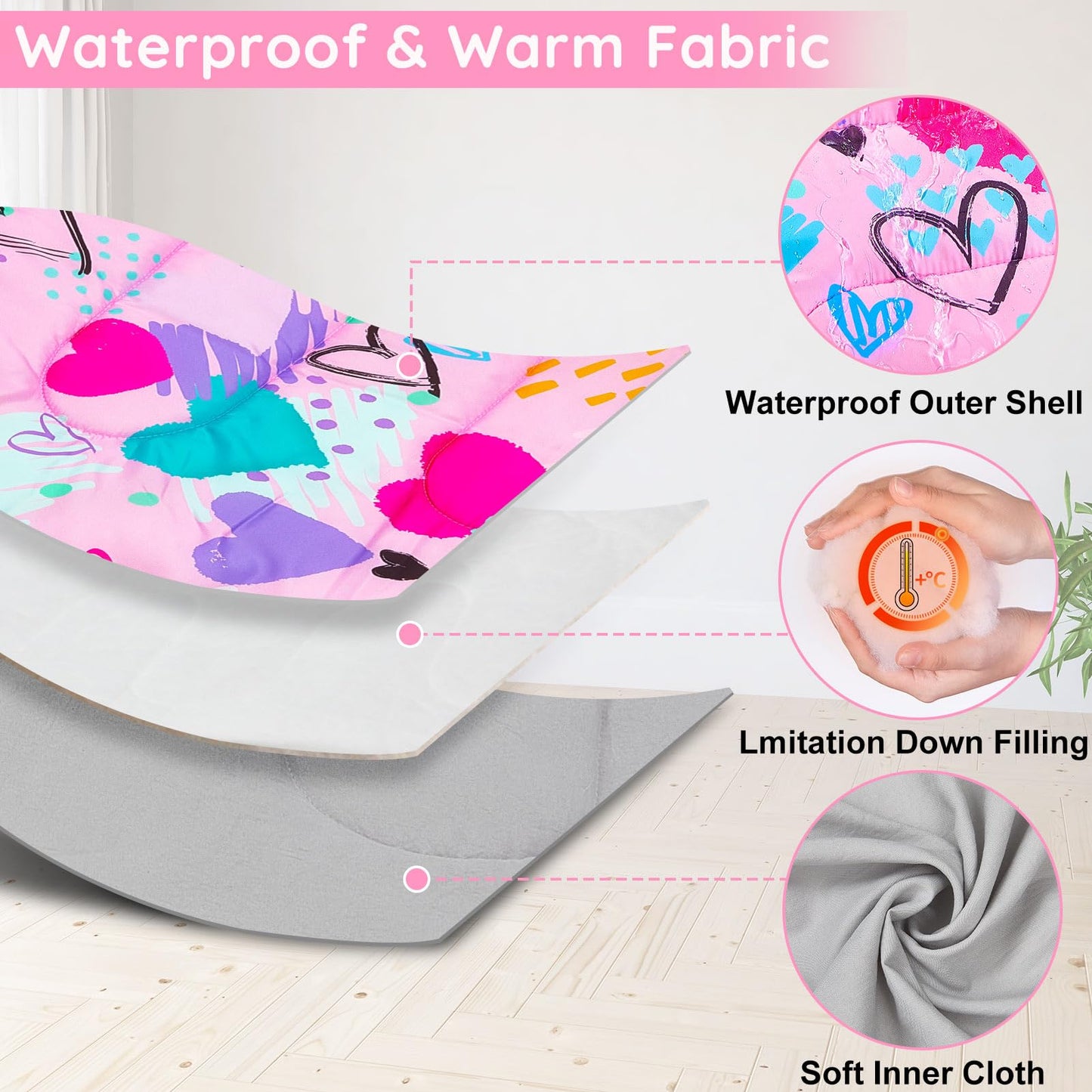 FIOBEE Kids Sleeping Bag for Girls Boys 3 Season Warm & Cool Weather 41-60.8℉ Camping Sleeping Bags with Backpacking Bag for Traveling Hiking Indoor Outdoor Camping Essentials Gear, Pink Love