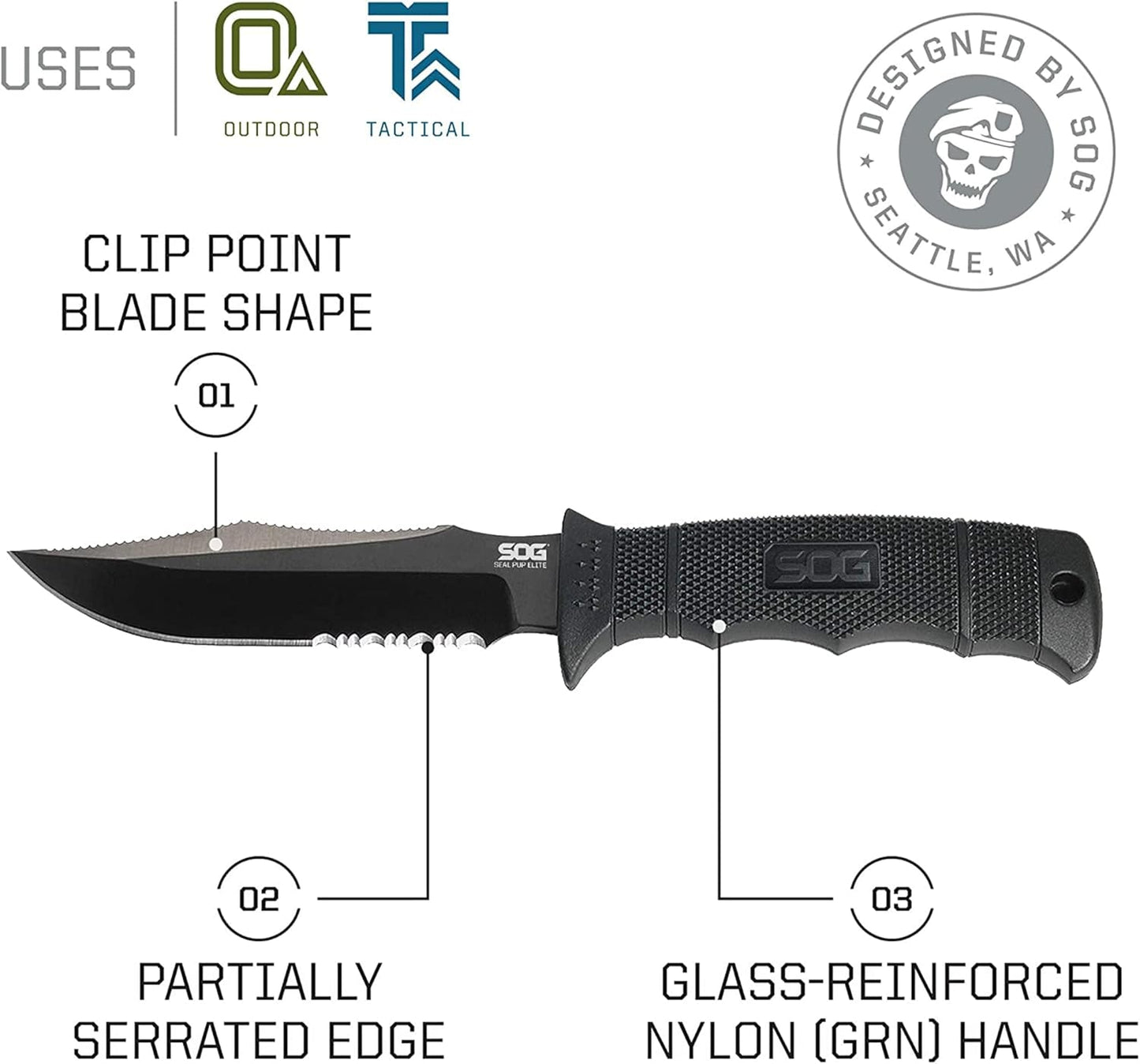 SOG Seal Pup Elite Tactical Fixed Blade- Survival and Hunting Knife with Sheath, 4.75 Inch Combat Knife Blade (E37T-K)