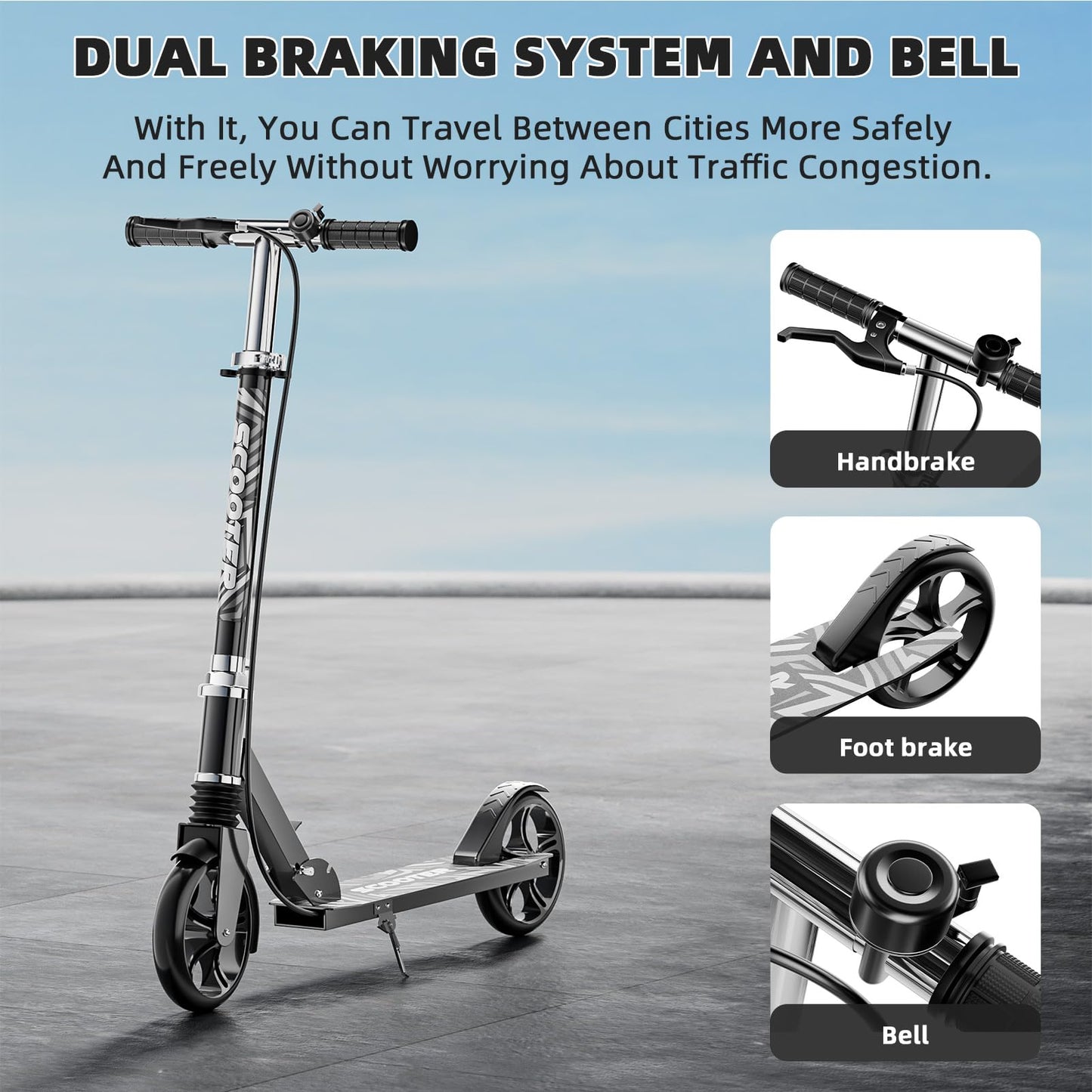 Scooters for Kids 8-12, Teens & Adults - Load 240 LBS, 8-Inch Wheels, Kick Scooter with Shock Absorption System, Hand Brake & Bell, 4 Adjustable Height Levels, Perfect for School, Commuting or Park