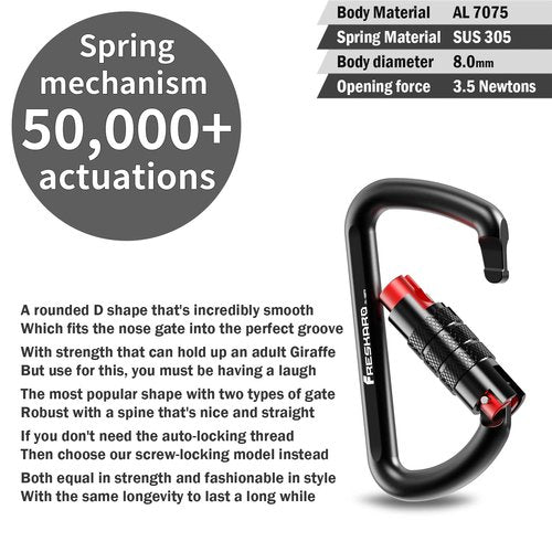 FresKaro 3pcs 25kN Climbing Carabiners with 2pcs 12kN Twist Lock Carabiners, Black Color