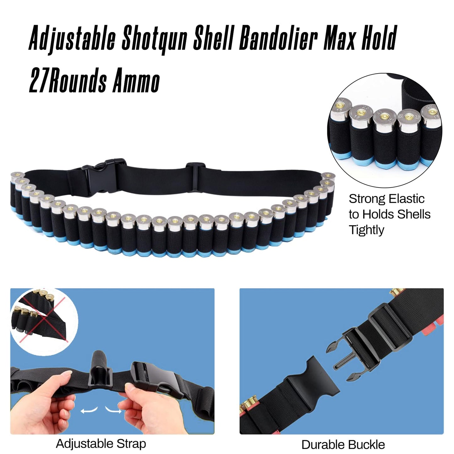 Round Shotgun Shell Bandolier,Ammo Shot Shell Shoulder Bandolier Bandoleer Carrier, with Quick Release Buckle,Holds Up to 27 Shells,Bandolier for Shell Count Tactical and Out Door Hunting