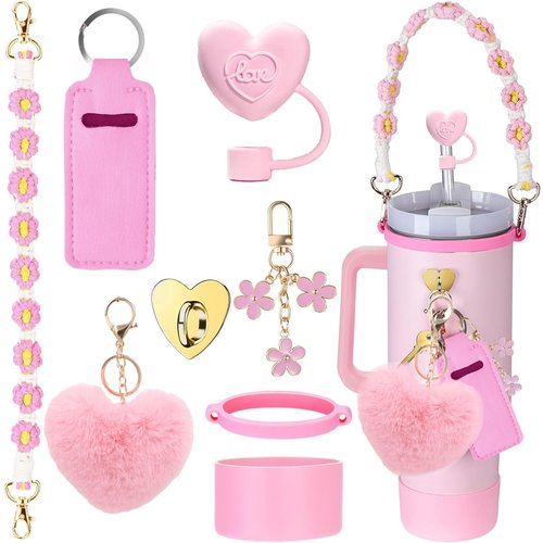 HAOYINEER Cup Accessories Set for Stanley Cup 40oz 30oz Tumbler, Including Water Bottle Handle Strap, Silicone Spill Proof Stopper, Silicone Cup Boot, 2 Pcs Charms, Pink