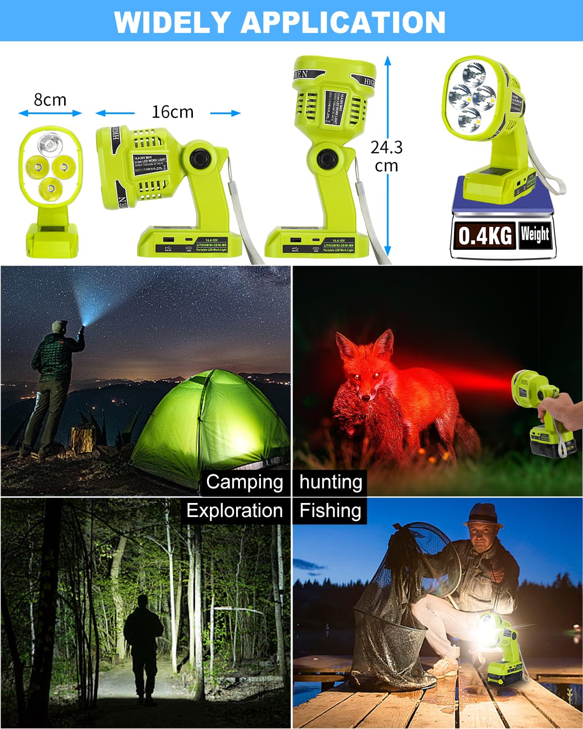 Adisipsoarin Cordless LED Flashlight for Ryobi 18V Battery, 22W LED Work Light with USB-A&USB-C 2.1A Fast Charging Ports for Jobsite, Car Repairing, Camping, Emergency(Battery not Included)