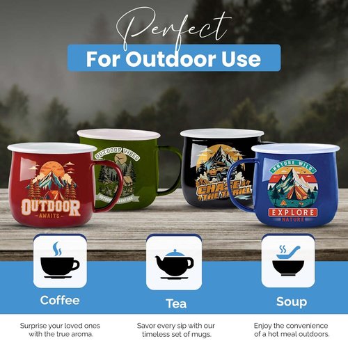 Toughty Enamel Camping Coffee Mug – Stainless Steel Portable Mug for Camping, Hiking, RV, Travel & Outdoor, Rust-Resistant & Lightweight, Durable Insulated Cup w/Handle – 12 oz, Multicolor, 4-Pack
