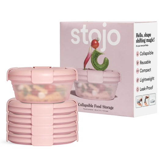 STOJO Collapsible Bowl 5 Set - Translucent Carnation, 36oz - Reusable Silicone Bowl for Hot and Cold Food - Perfect for Travel, Meal Prep, To-Go Lunch, Camping & Hiking - Microwave & Dishwasher Safe