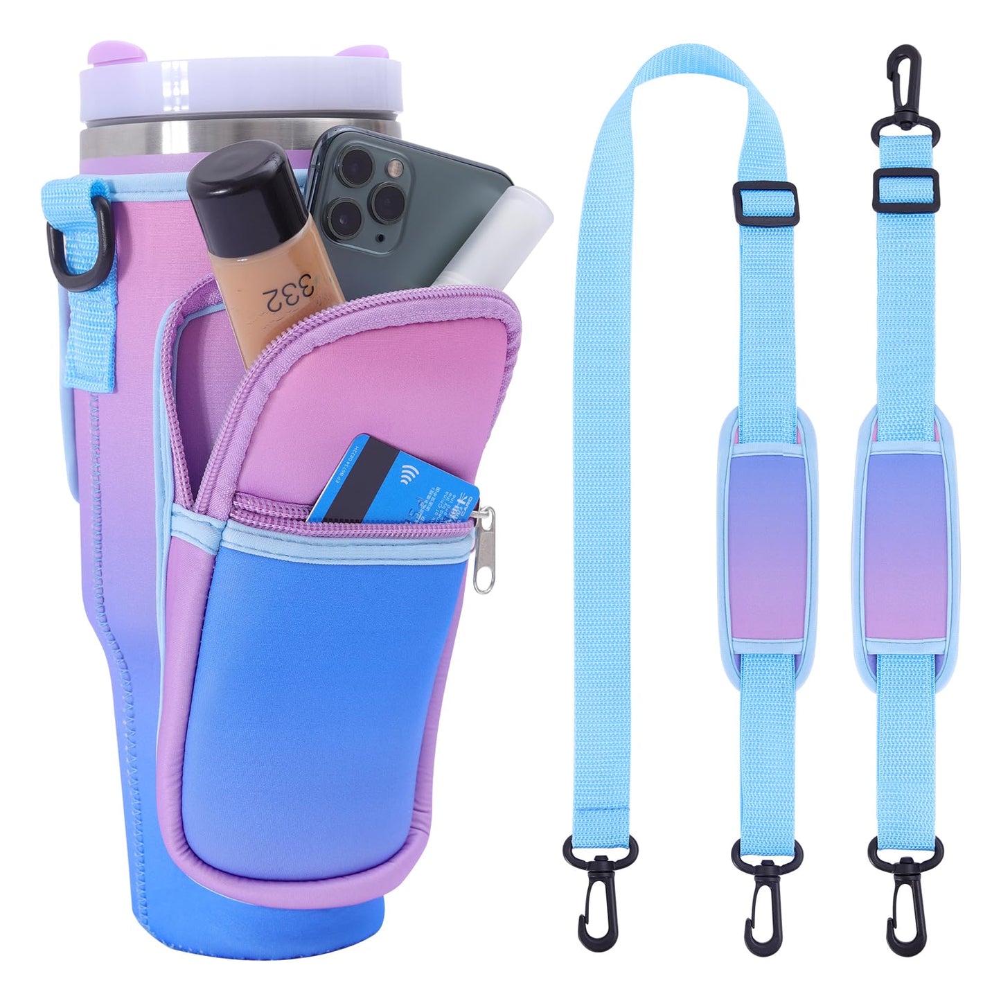 Jecten Water Bottle Carrier Bag Fit for 40oz Stanl-ey Tumbler with Handle, Water Bottle Holder Bag with Adjustable Shoulder Strap for Hiking Travelling Camping (Gradual Purple)