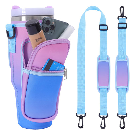 Jecten Water Bottle Carrier Bag Fit for 40oz Stanl-ey Tumbler with Handle, Water Bottle Holder Bag with Adjustable Shoulder Strap for Hiking Travelling Camping (Gradual Purple)