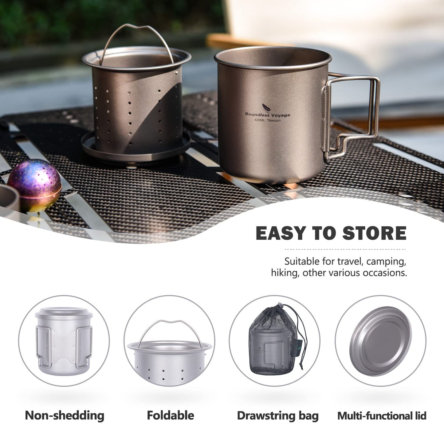 Boundless Voyage Single Layer Titanium Cup Portable Camping Picnic Water Cup Mug with Foldable Handle Lightweight Tea Cup with Tea Filter 420ml/14.2 fl.oz(Ti3054D)