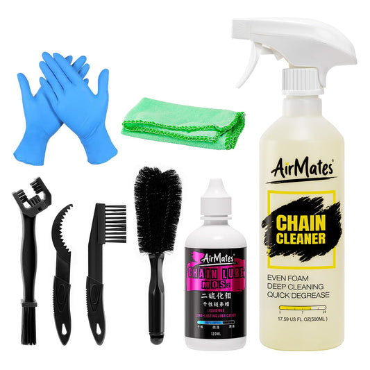 Airmates Bike Chain Cleaning Kit - Including Bicycle Chain Cleaner Degreaser, Cycling Chain Lube, Bike Cleaner Brush Tool and Gloves Suitable for MTB Ebike Road Bike and Trail Bikes