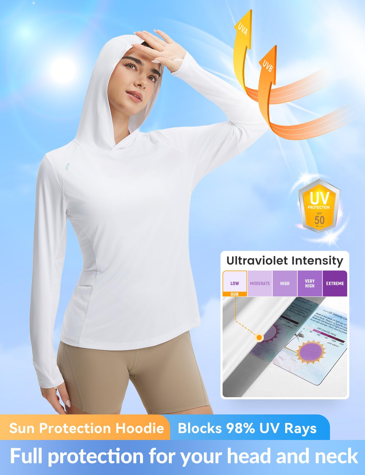baleaf Women's Sun Shirts UPF 50+ UV Shirt Mesh Back Lightweight Long Sleeve Tops Breathable SPF Hoodie for Hiking White M