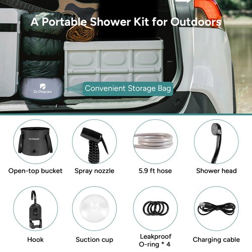 DR.PREPARE Portable Shower for Camping, Camping Shower with 4.5 Gallons Foldable Bucket, USB Rechargeable Battery, 2 Shower Heads, Outdoor Camp Showers for Hiking, Travel, Climbing, Pet Cleaning