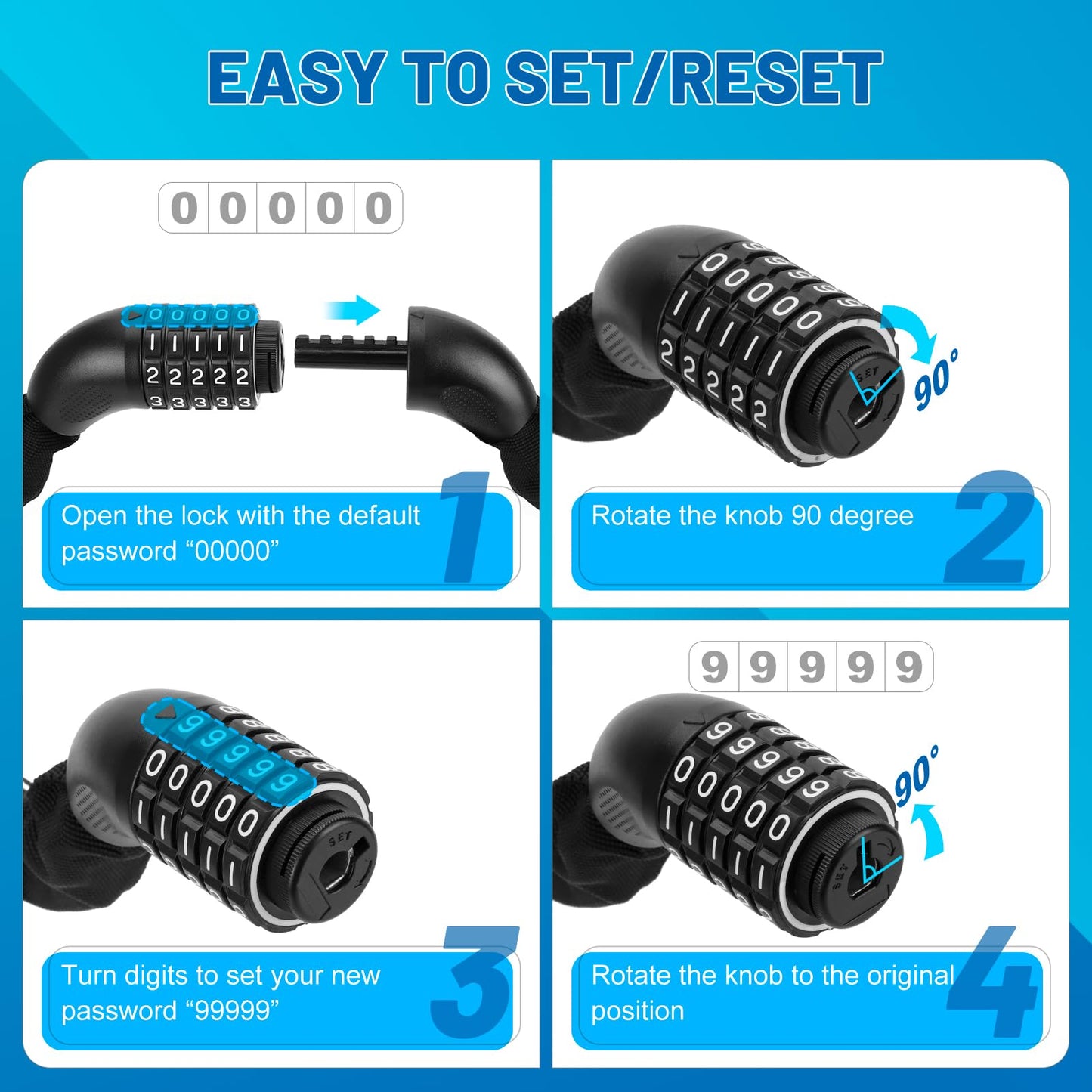 APECYC Bike Locks Heavy Duty Anti Theft, 5 Digit Combination Bike Chain Lock, 4FT Security Bicycle Lock Hardened Steel Square Chains for Bicycle, E-Bike, Motorcycle, Scooter, Gate