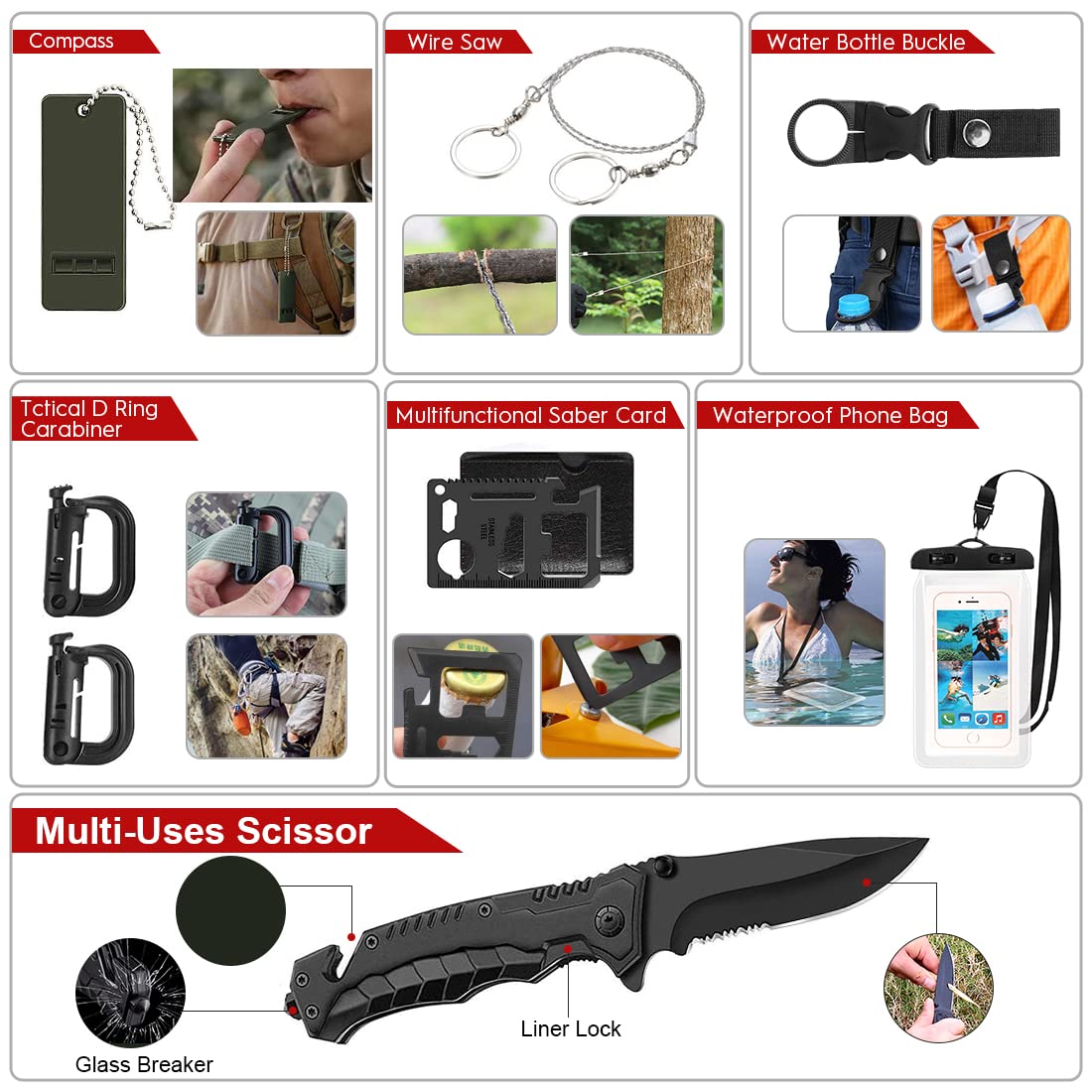 Survival Kit,222 PCS Emergency Survival Gear First Aid Kit with Molle System Compatible Bag Outdoor Camping Gear Emergency Kit for Hunting,Hiking,Fishing, Gifts for Men Women