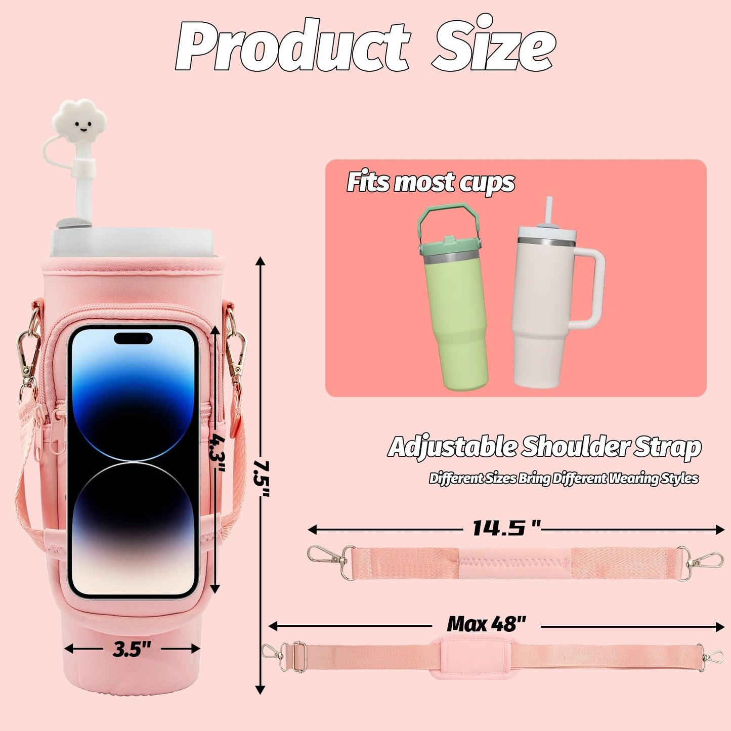 7 PCS Water Bottle Carrier Bag with Phone Pocket for Stanley Cup 40oz Accessories with 2 Straw Covers 2 Straws 2 Brushes Neoprene Water Bottle Holder Pouch with Adjustable Shoulder & Hand Straps