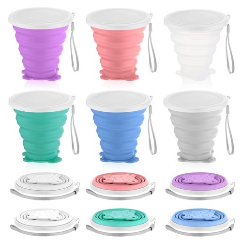 Umigy 6 Pcs Collapsible Cup Silicone Collapsible Travel Cup Expandable Folding Camping Drinking Cup with Lids Silicone Reusable Portable Cup for Travel, Camping, Hiking, Outdoor Sports (11 oz)